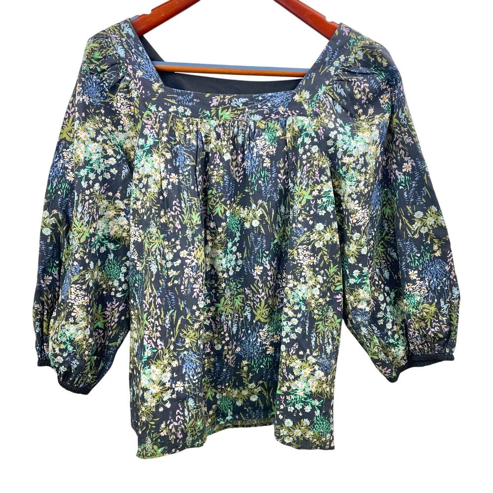 Womens Top Sz L %100 Cotton Cottage Ballon Sleve Fairy Floral Peasant Boho Poet